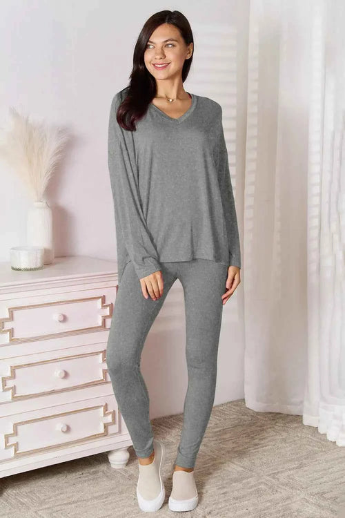 Basic Bae Bamboo Full Size V-Neck Long Sleeve Top and Pants Lounge Set by Wild and Free Boutique