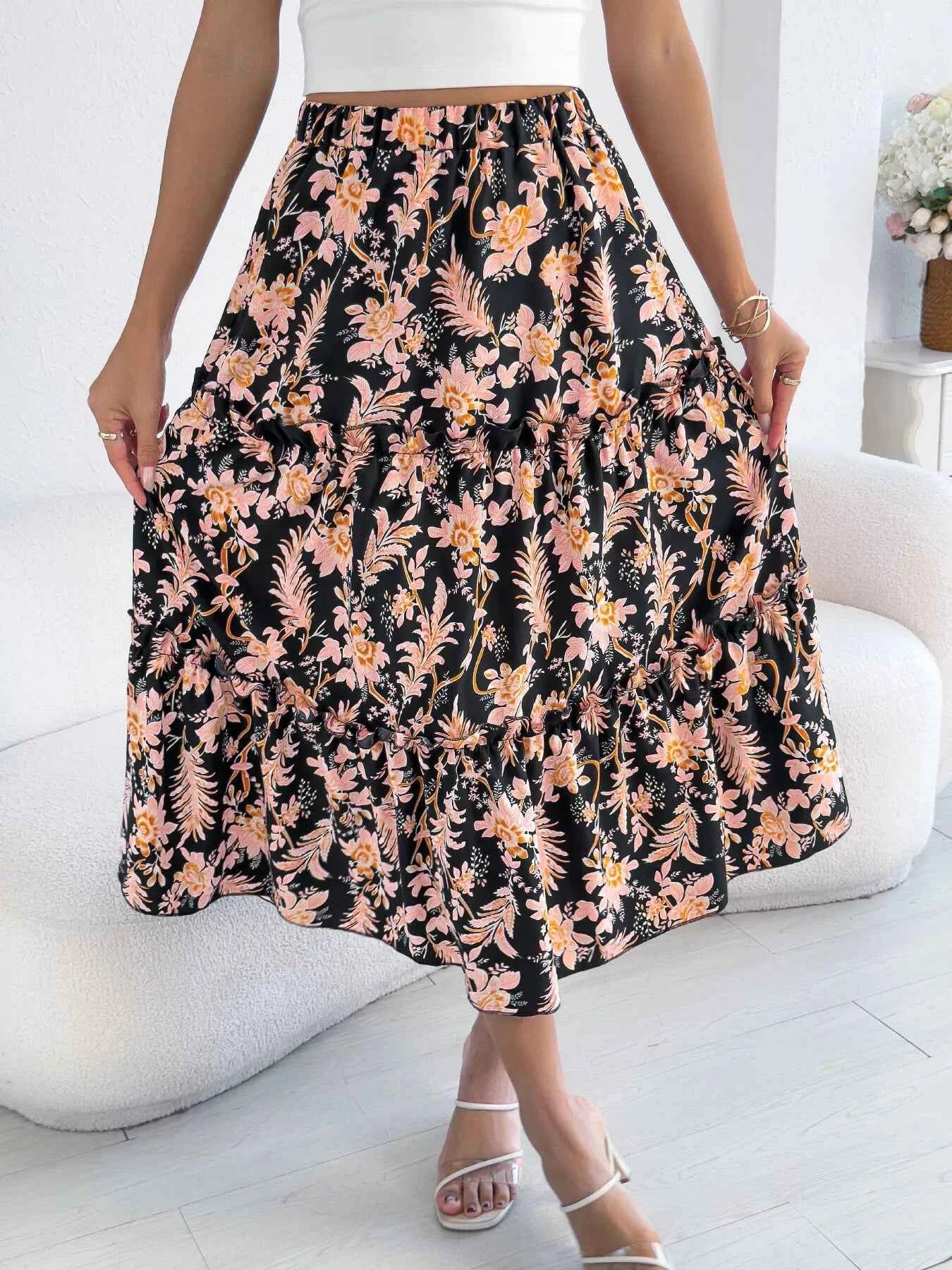 Floral Print Ruffle Hem Flowy Midi Skirt