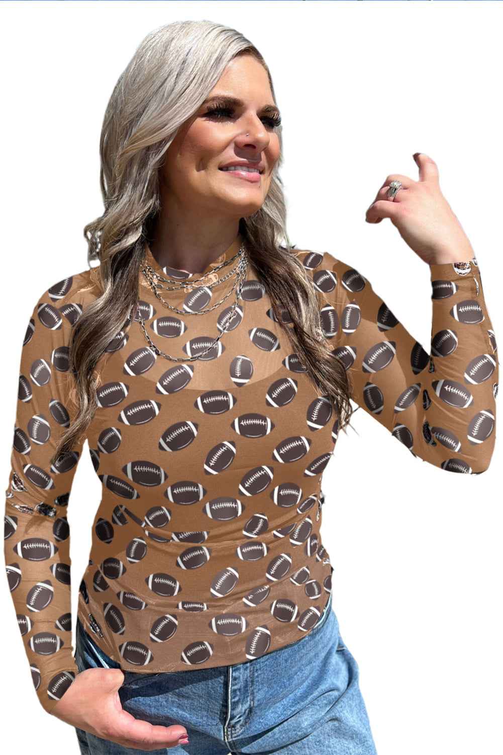 Brown Game Day Football Mesh Sheer Long Sleeve Top