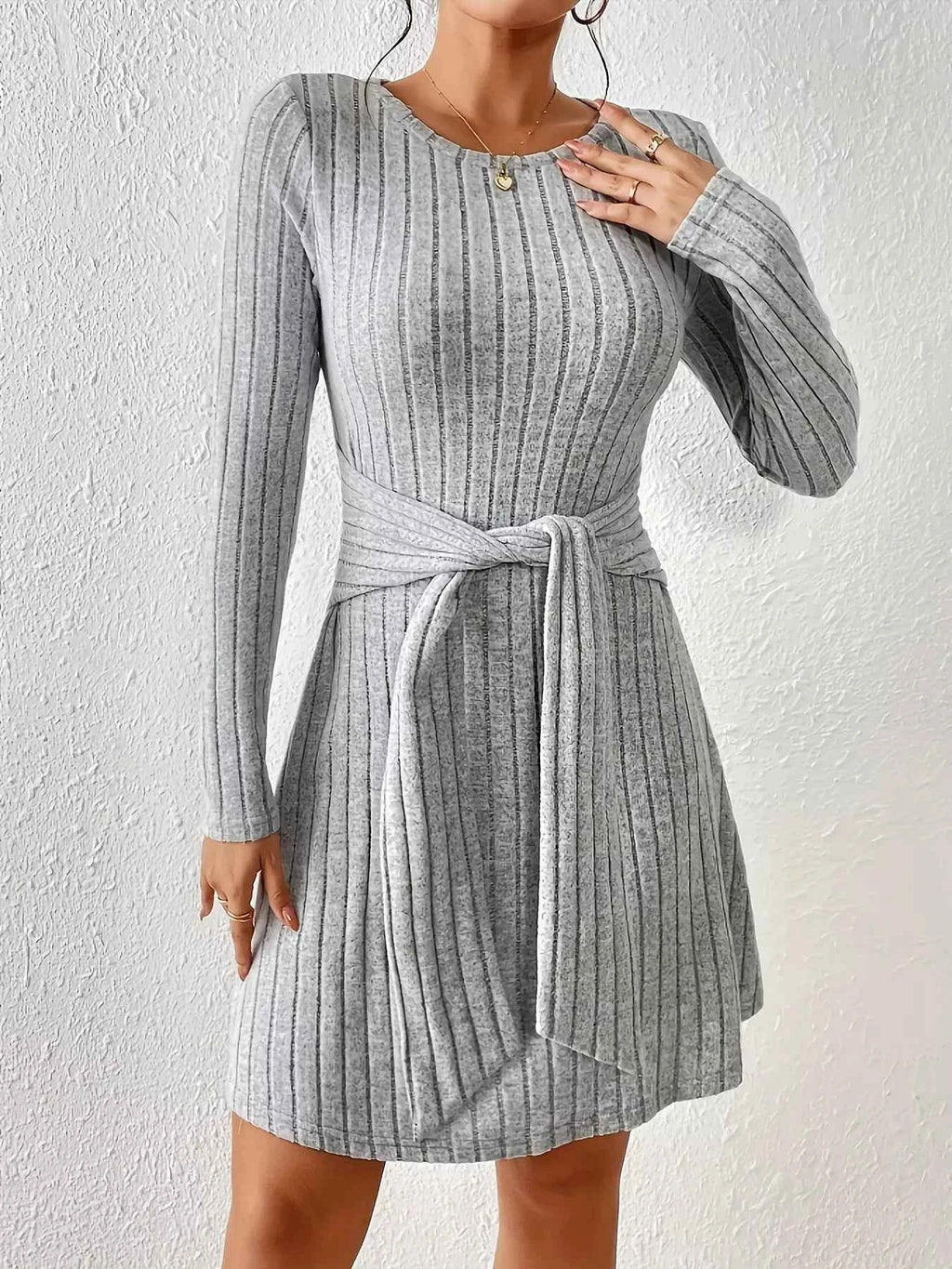 Ribbed Knit Tie Waist Long Sleeve Casual Dress