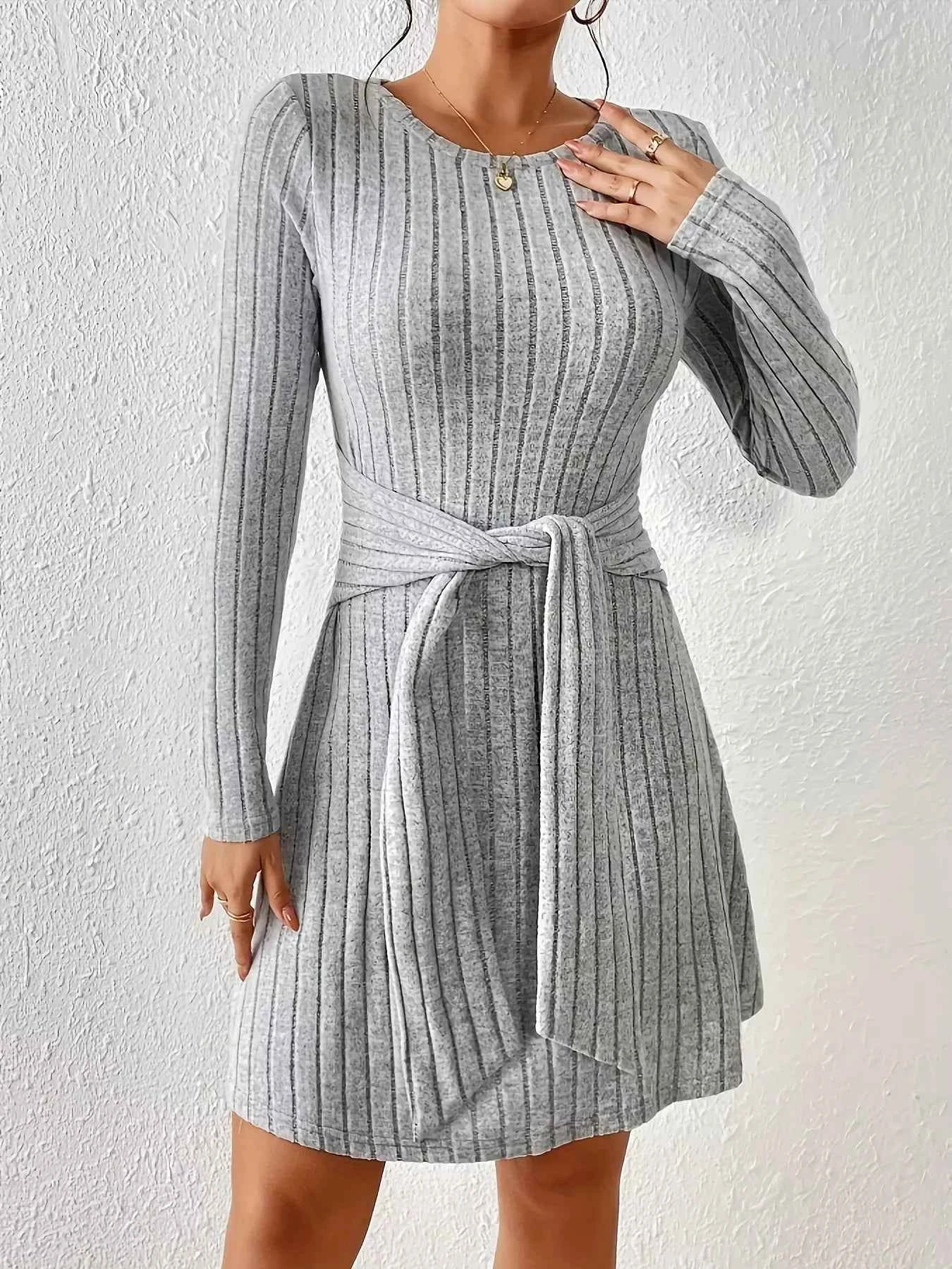 Ribbed Knit Tie Waist Long Sleeve Casual Dress