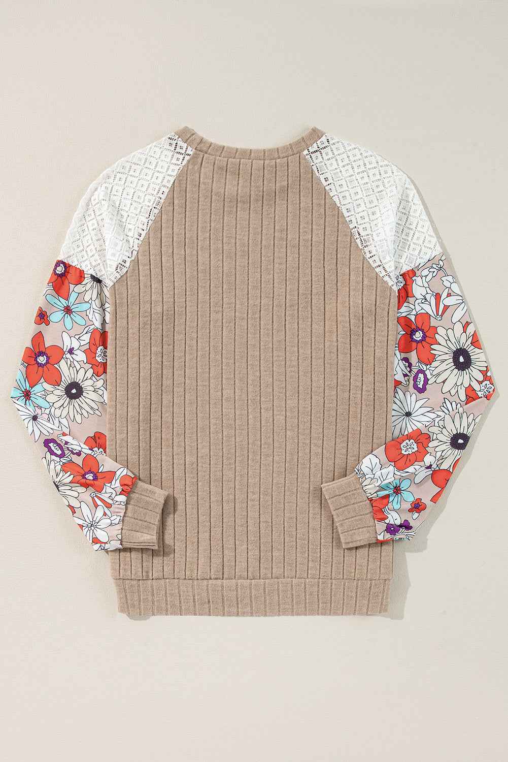Parchment Floral Patchwork Long Sleeve Ribbed Blouse