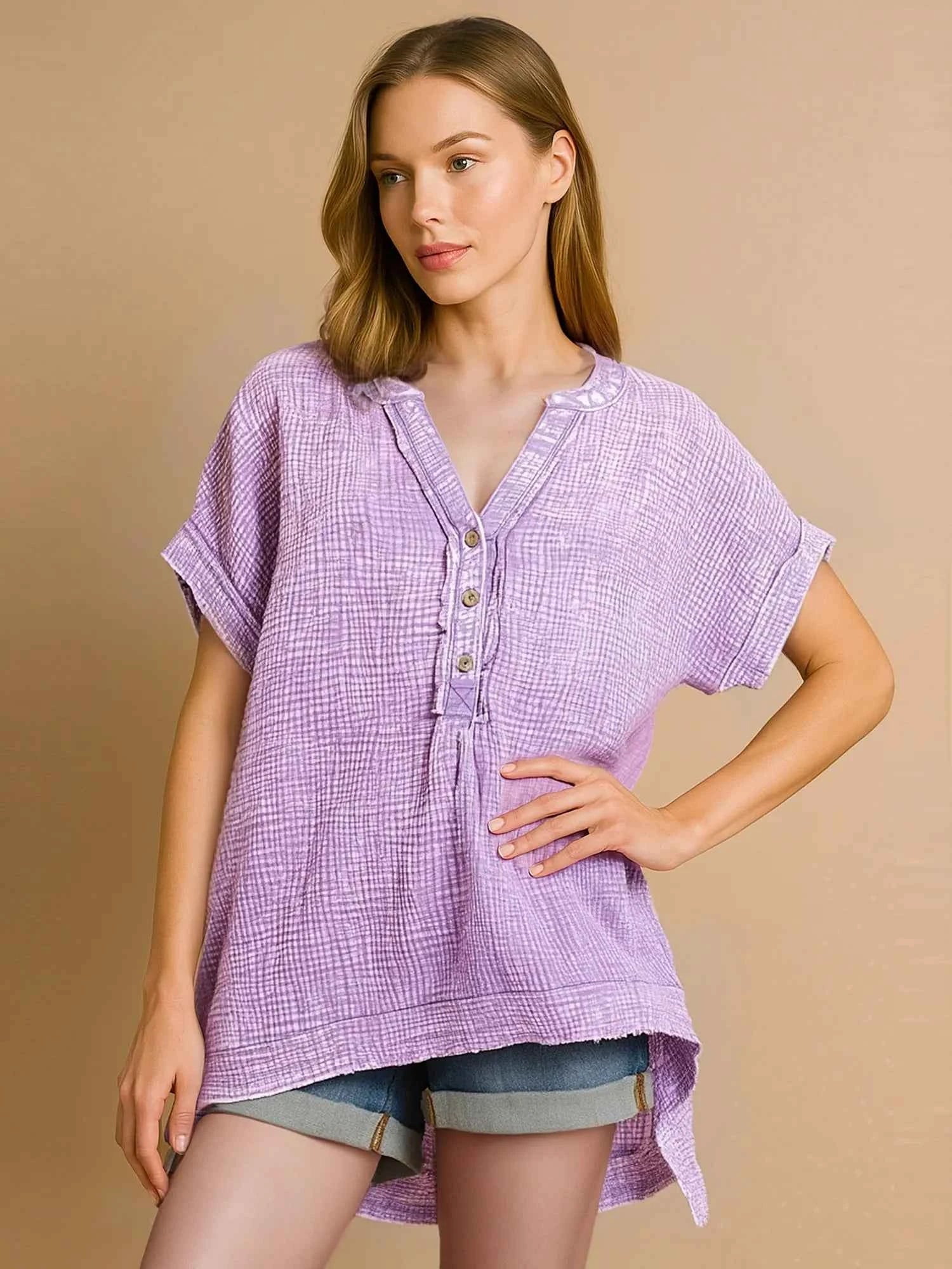 Zenana Washed Double Gauze 3/4 Button Henley Neck Shirt