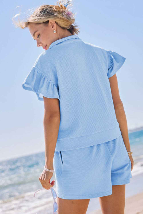 Beau Blue Ribbed Texture Half Zip Ruffled Short Sleeve Top and Shorts Set by Wild and Free Boutique