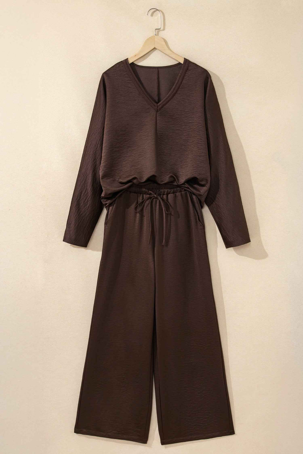 Dark Brown Braided V Neck Long Sleeve Loose Top and Drawstring High Waist Pants 2pcs Outfit
