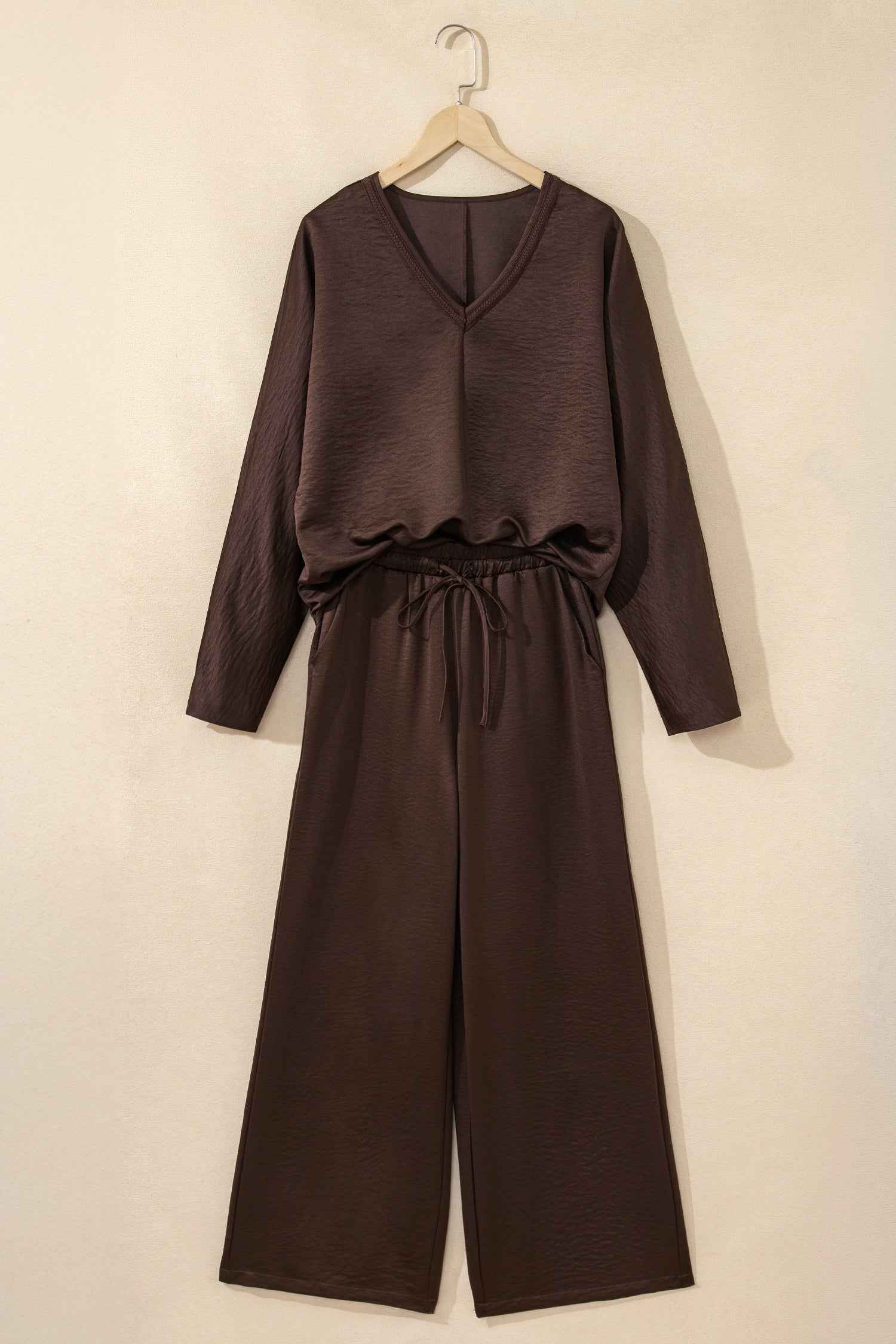 Dark Brown Braided V Neck Long Sleeve Loose Top and Drawstring High Waist Pants 2pcs Outfit
