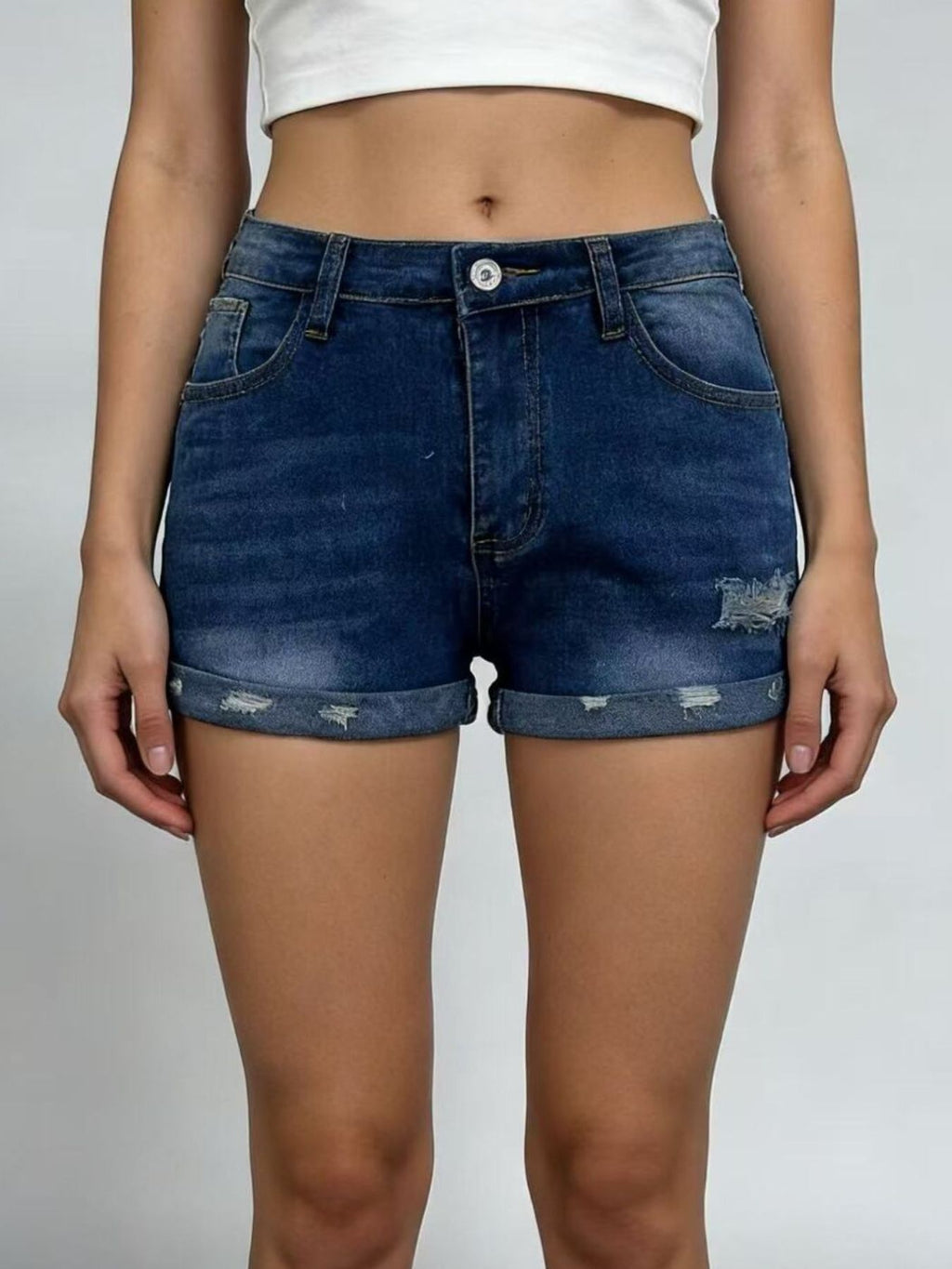 Distressed Denim Roll Up Shorts