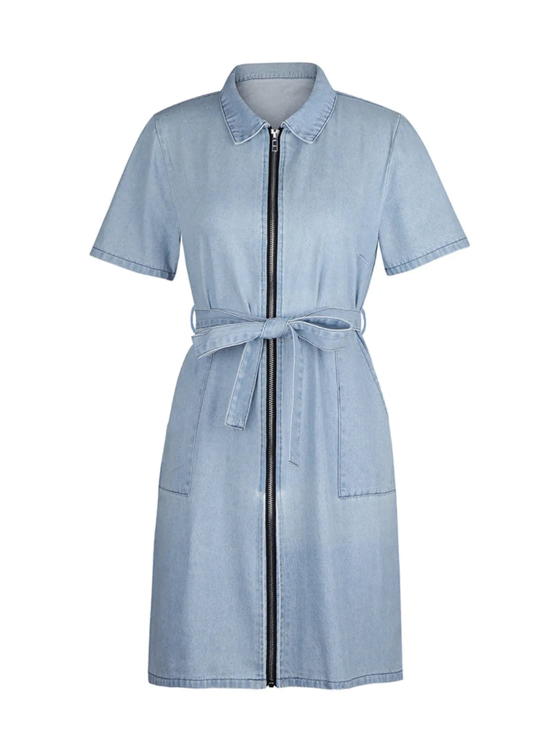 Full Size Zip Front Short Sleeve Denim Dress Plus Size by Selvanelle