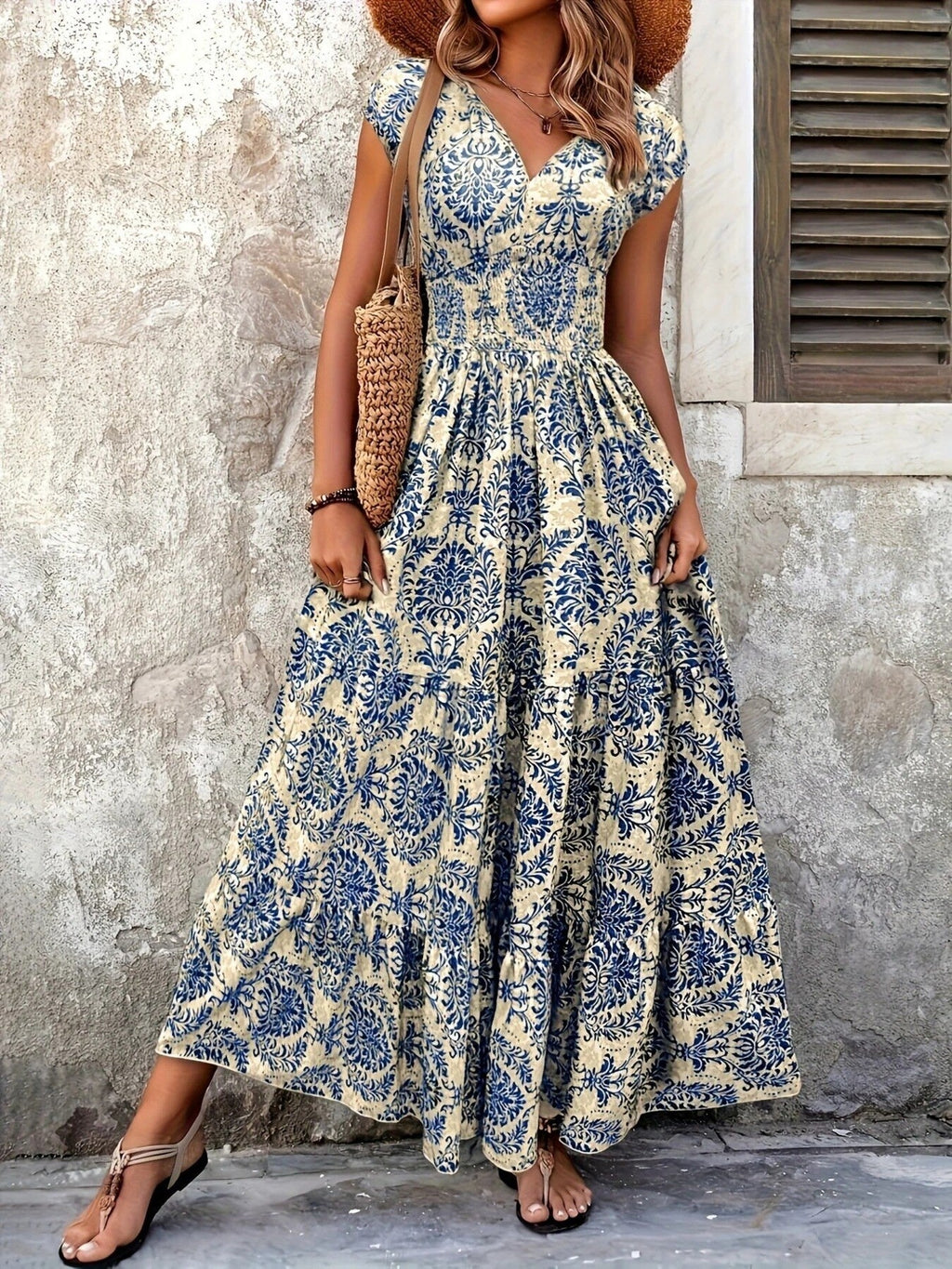 Printed Cap Sleeve Maxi Dress by Shopiebay