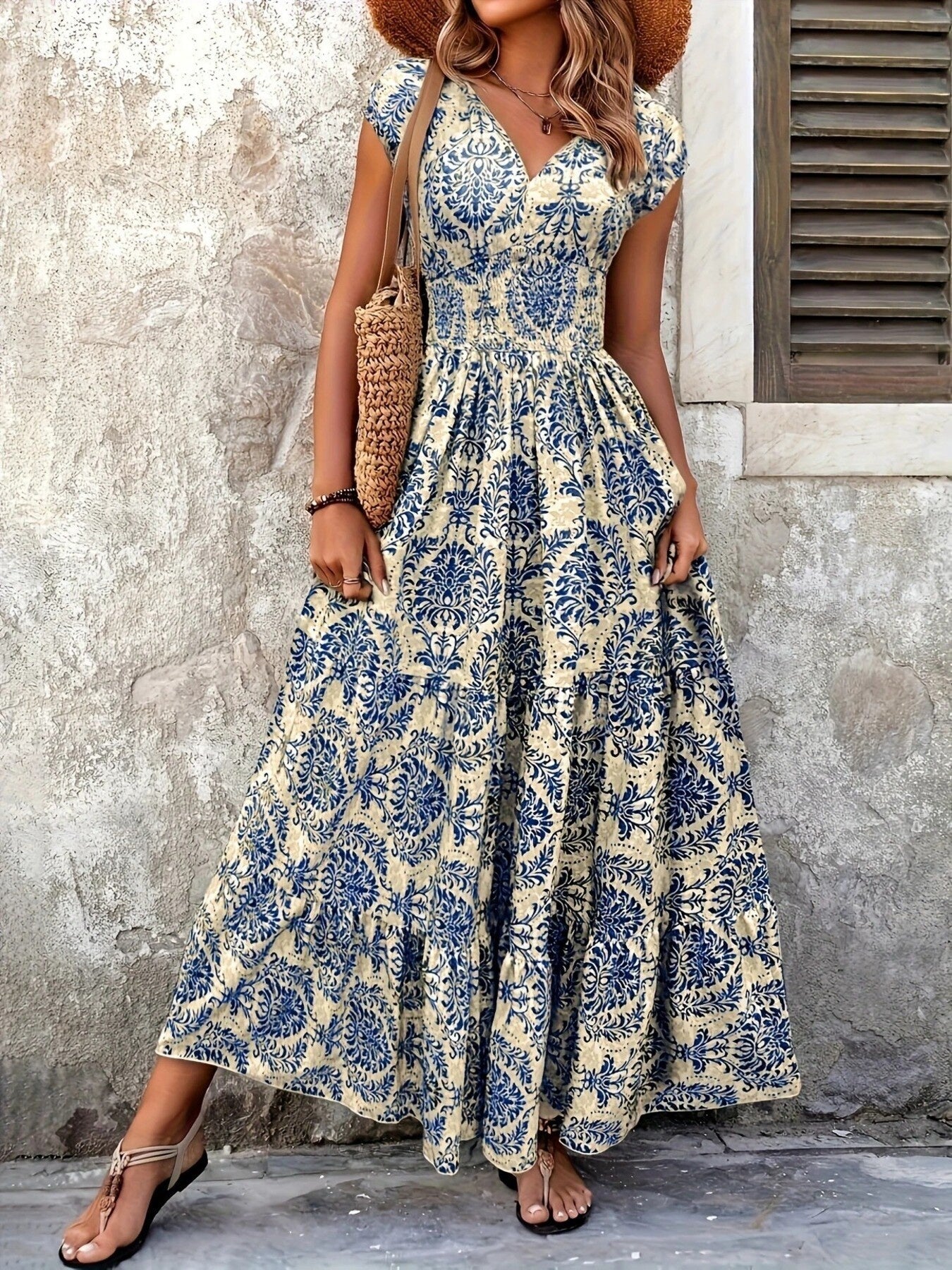 Printed Cap Sleeve Maxi Dress by Shopiebay