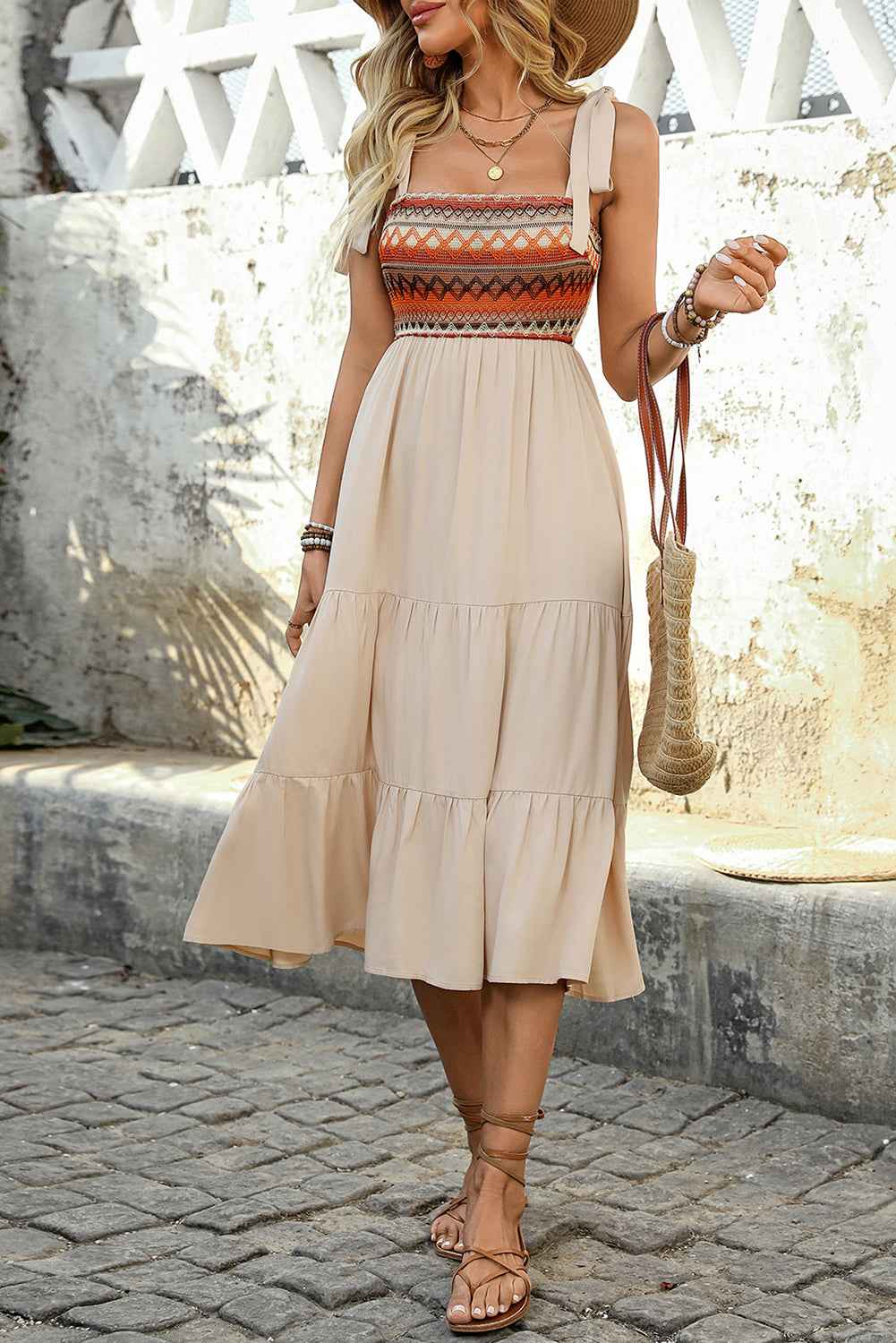 Jet Stream Ethnic Patchwork Knot Strap Midi Dress