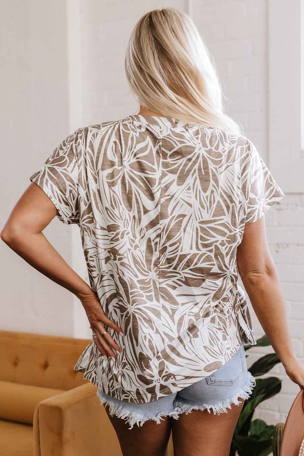 Khaki Floral Print V Neck Short Sleeve Loose Fit Blouse
