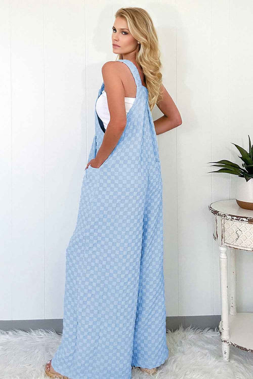 Beau Blue Checkered Pocket High Waist Wide Leg Overall by Wild and Free Boutique