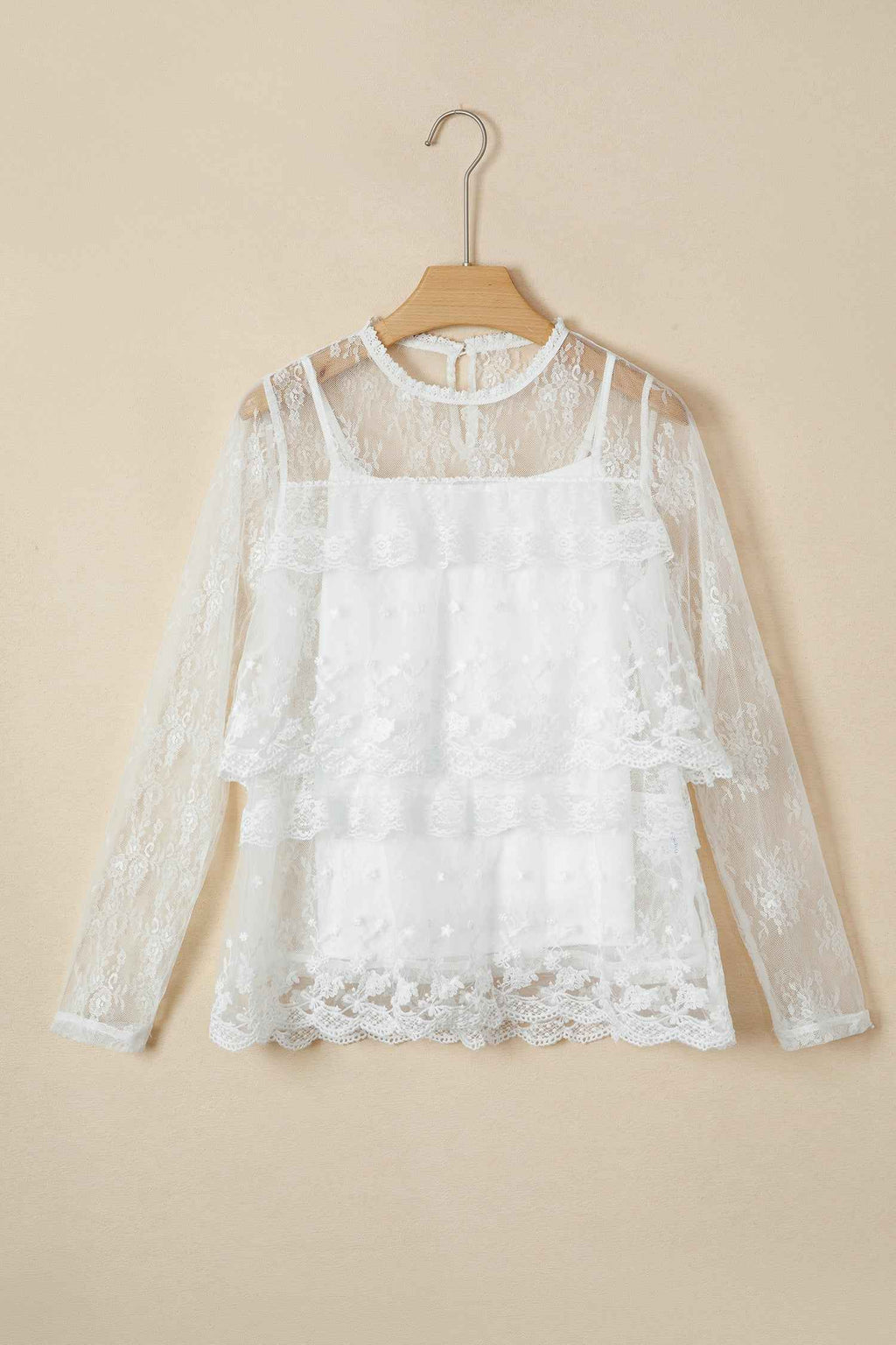 White 2pcs Sheer Floral Lace Ruffle Tiered Patchwork Blouse