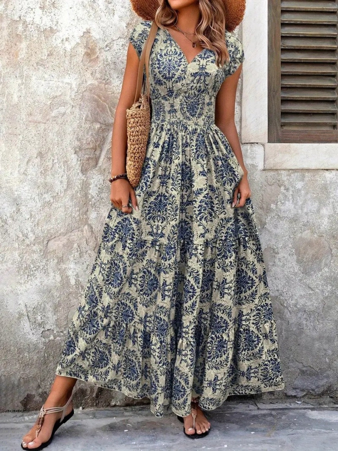 Printed Cap Sleeve Maxi Dress by Shopiebay