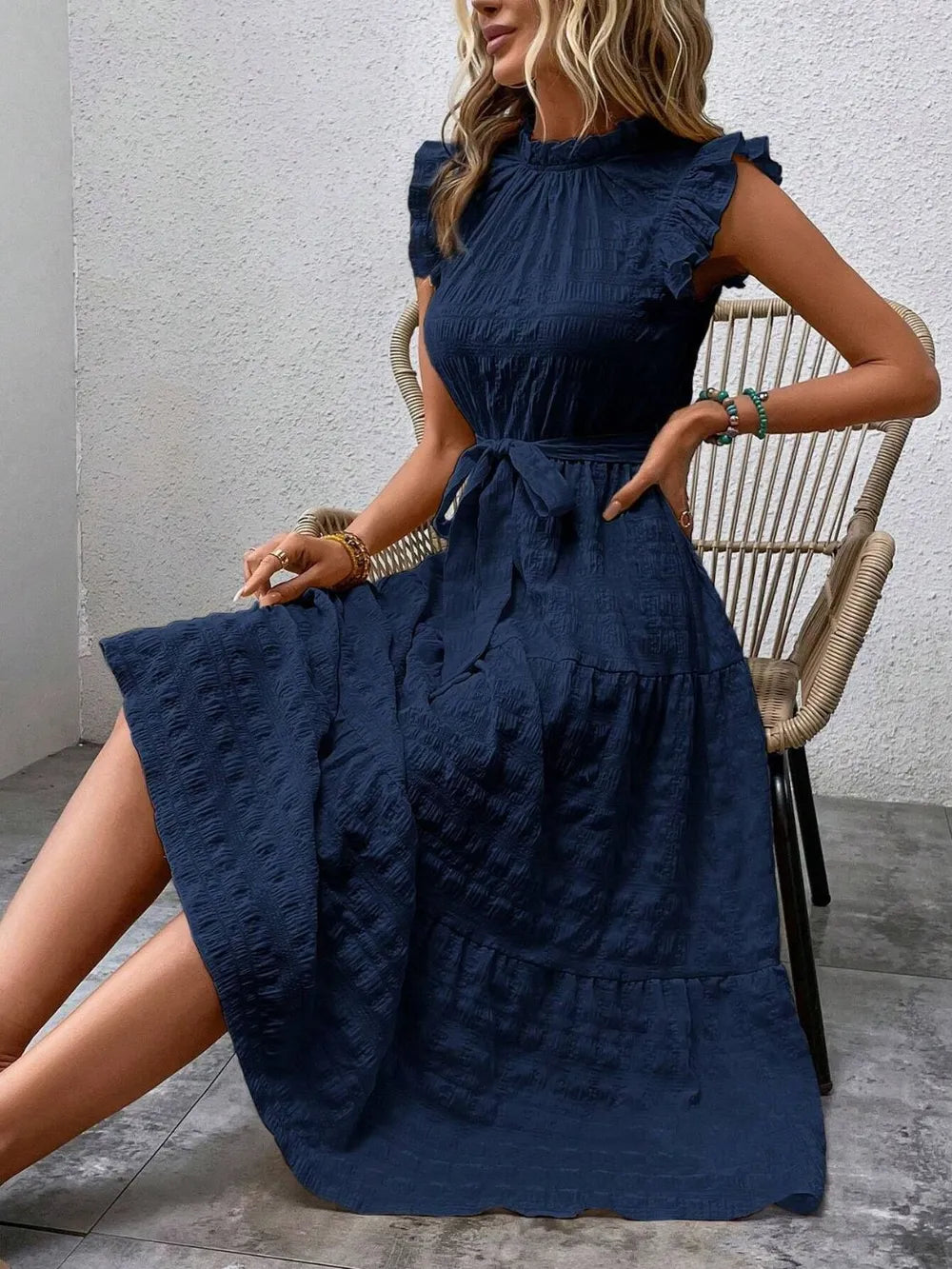 Tied Ruffled Cap Sleeve Midi Dress by Shopiebay