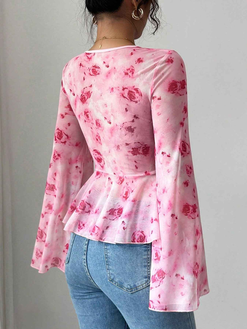 Floral Print Tie Front Chiffon Flare Sleeve Blouse