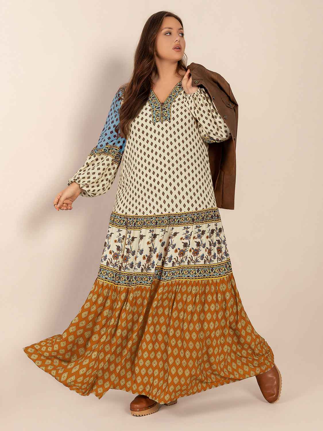 Plus Size Printed V-Neck Balloon Sleeve Maxi Dress