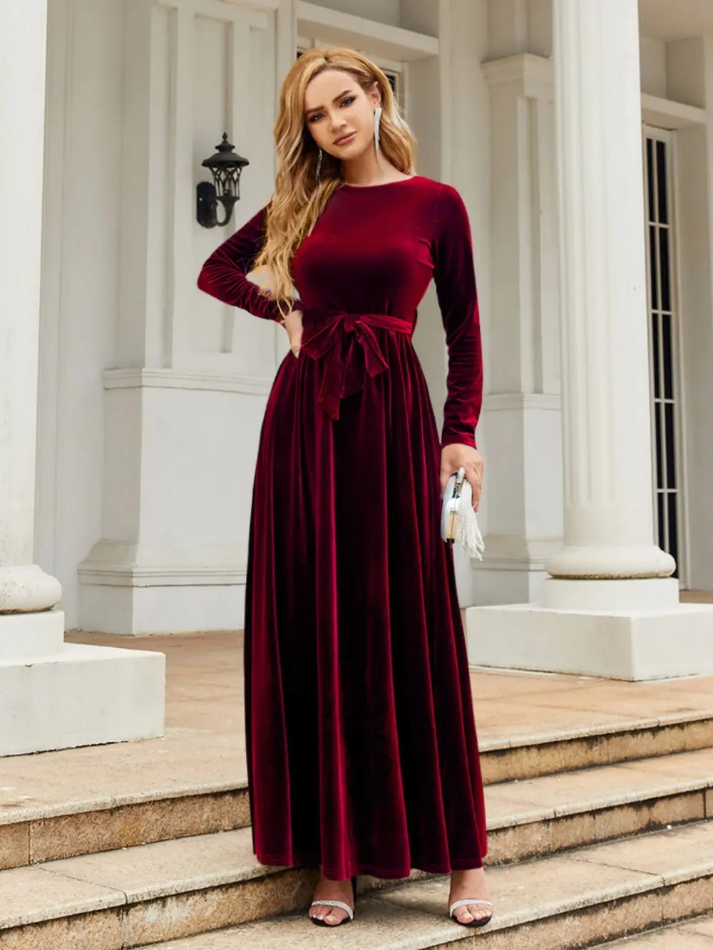 Tie Front Round Neck Long Sleeve Maxi Dress by Shopiebay