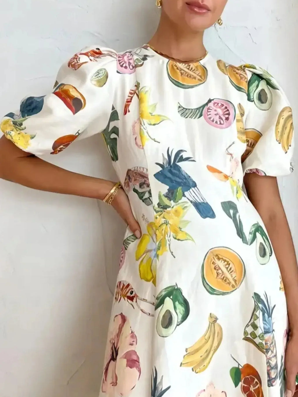 Printed Round Neck Puff Sleeve Dress by Shopiebay