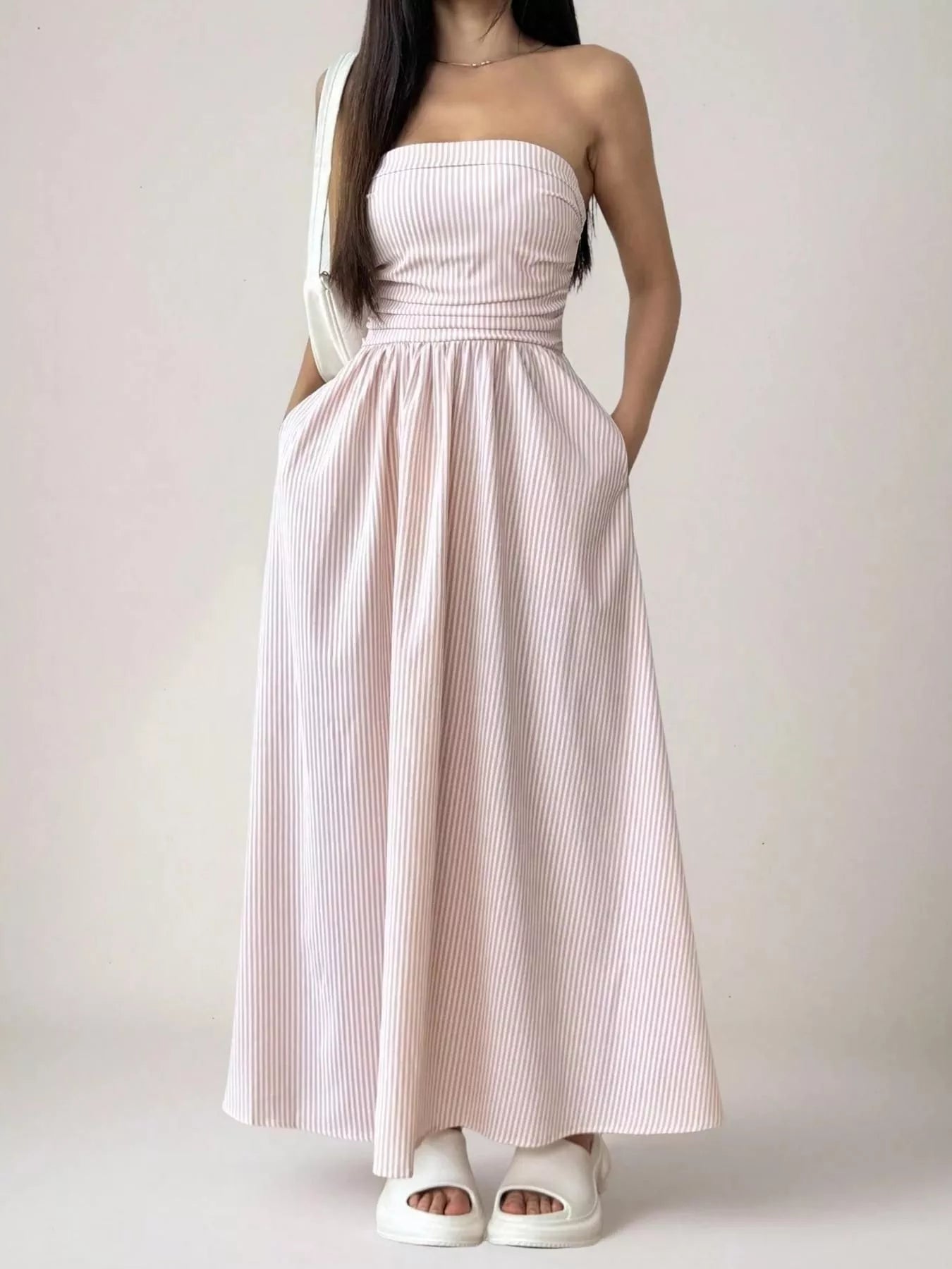 Striped Strapless Casual Maxi Dress by Shopiebay
