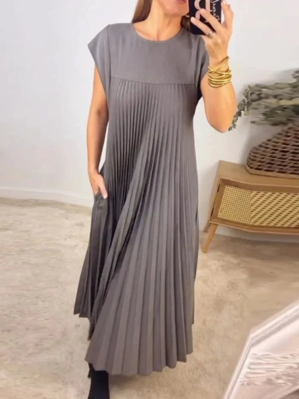Pleated Round Neck Maxi Dress by Shopiebay