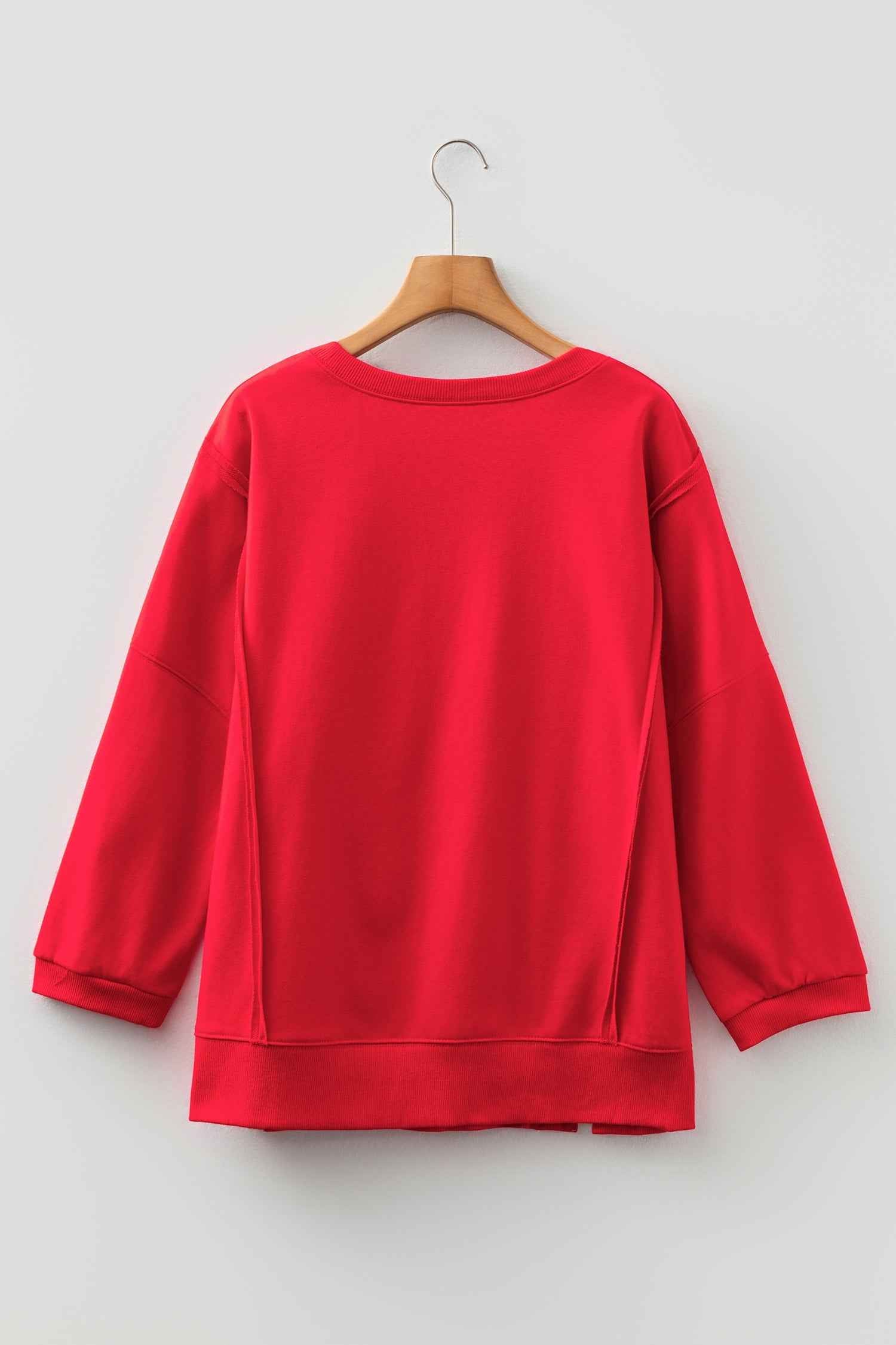 Fiery Red Floral Bow Patched Exposed Seam Patchwork Slit Baggy Sweatshirt