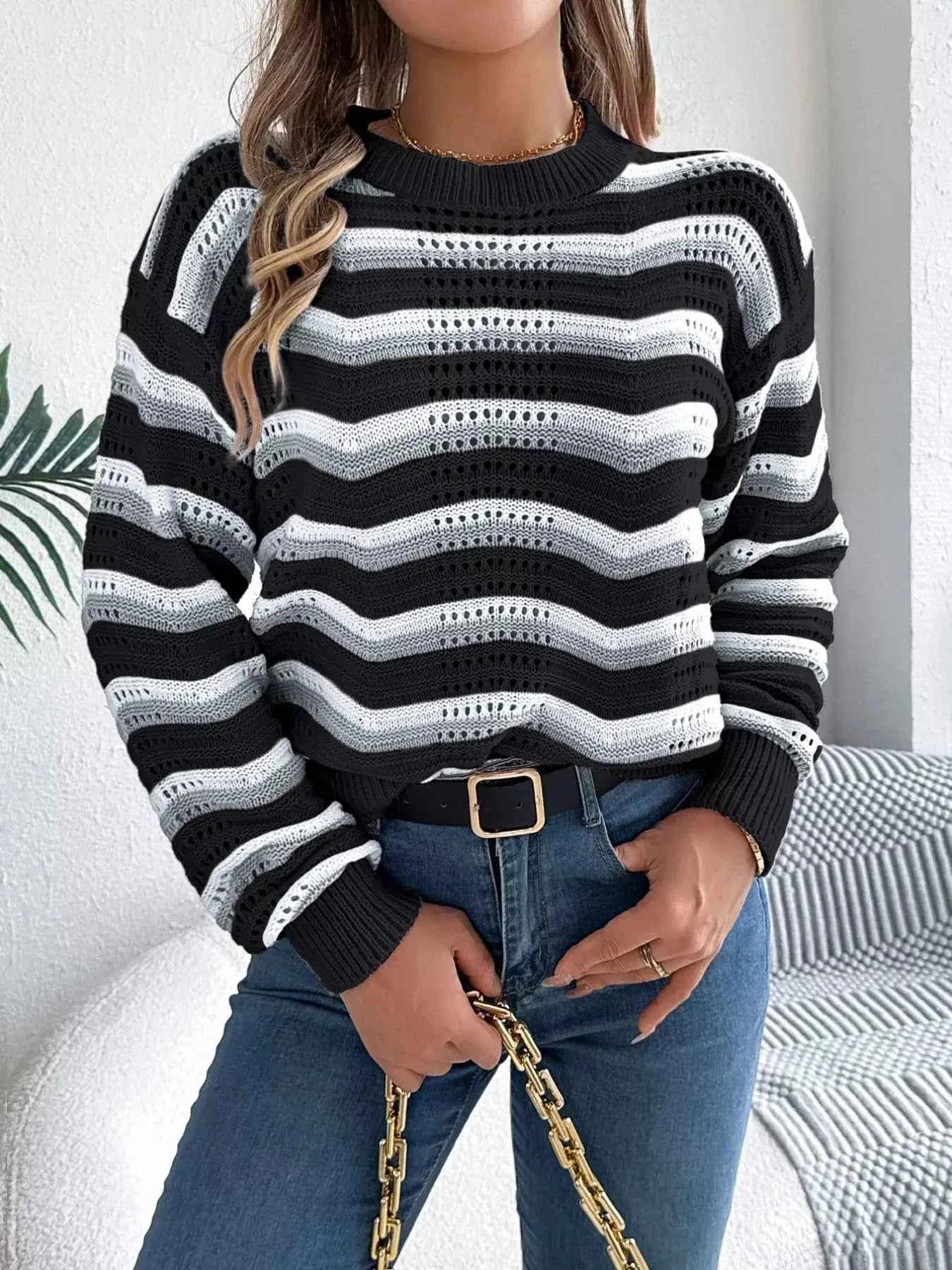 Round Neck Striped Long Sleeve Sweater