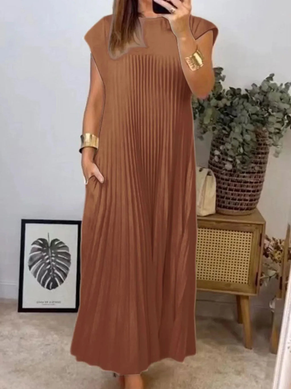 Pleated Round Neck Maxi Dress by Shopiebay