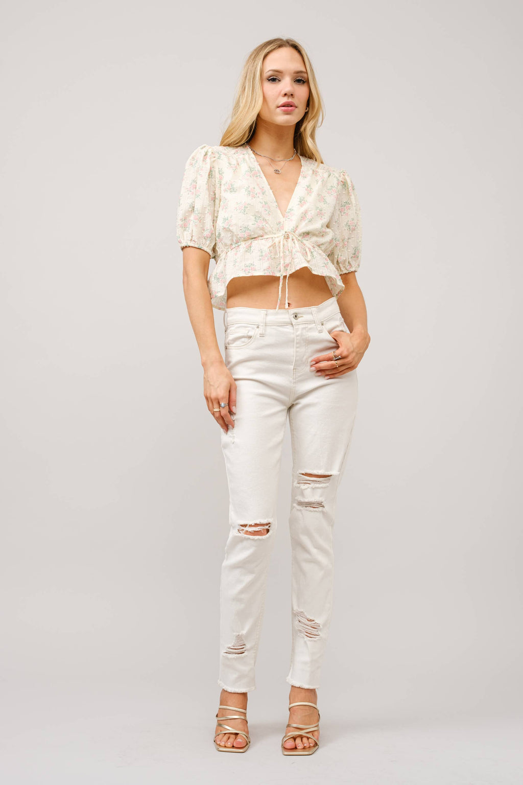Petticoat Puff Sleeve Tie Front Peplum Top