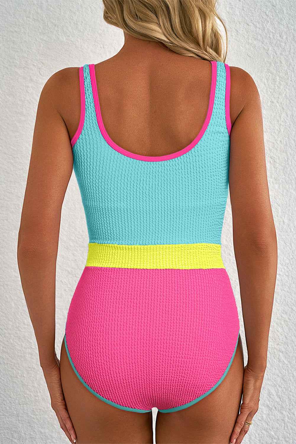 Iceland Blue Textured Color Block Patchwork One Piece Swimsuit
