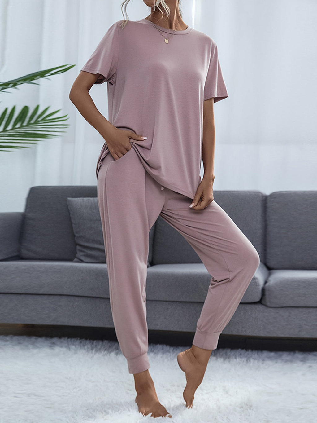 Shiny Round Neck Short Sleeve Top and Pants Set