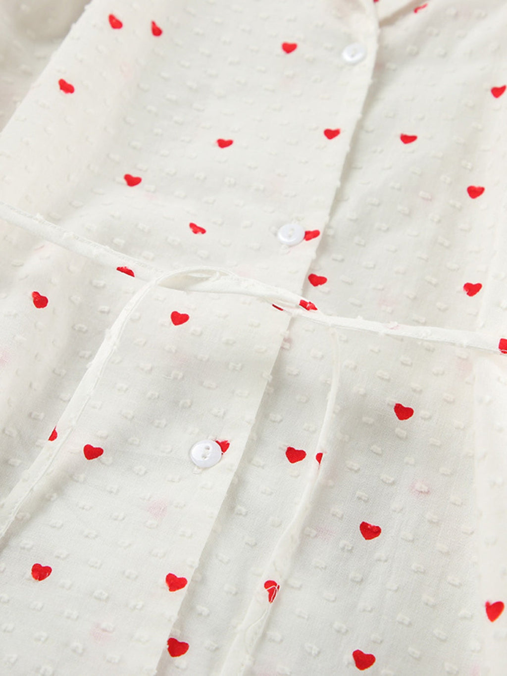 Heart Print Ruffle Trim Button-Up Cotton Lounge Set