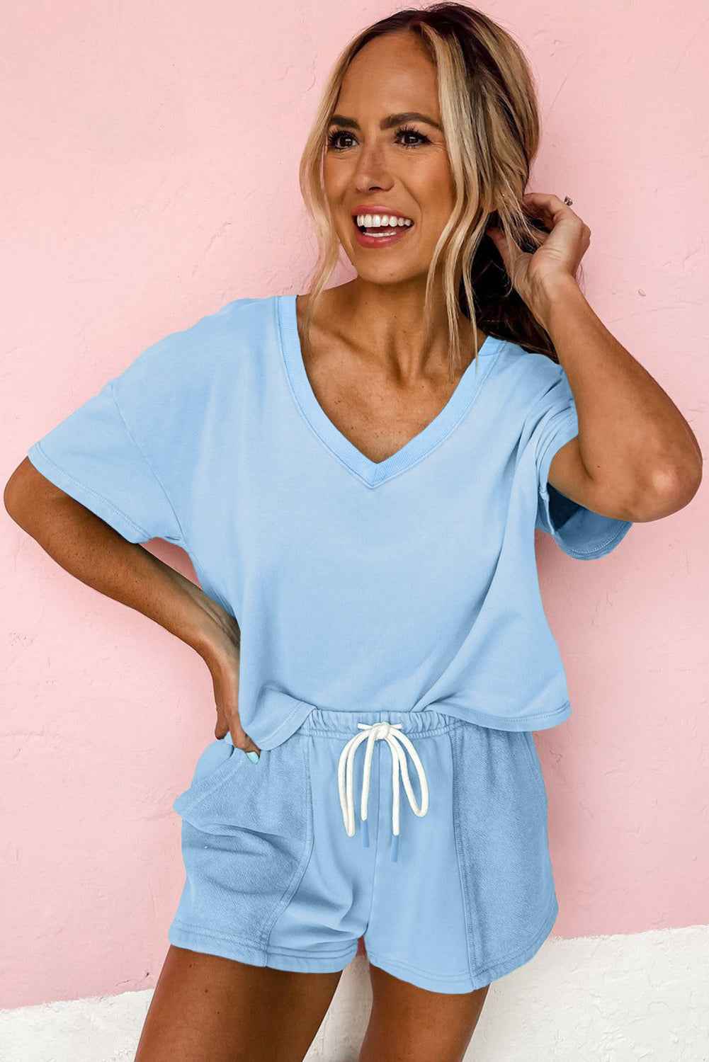 Myosotis V Neck Drop Shoulder Tee and Patchwork Drawstring Shorts Set