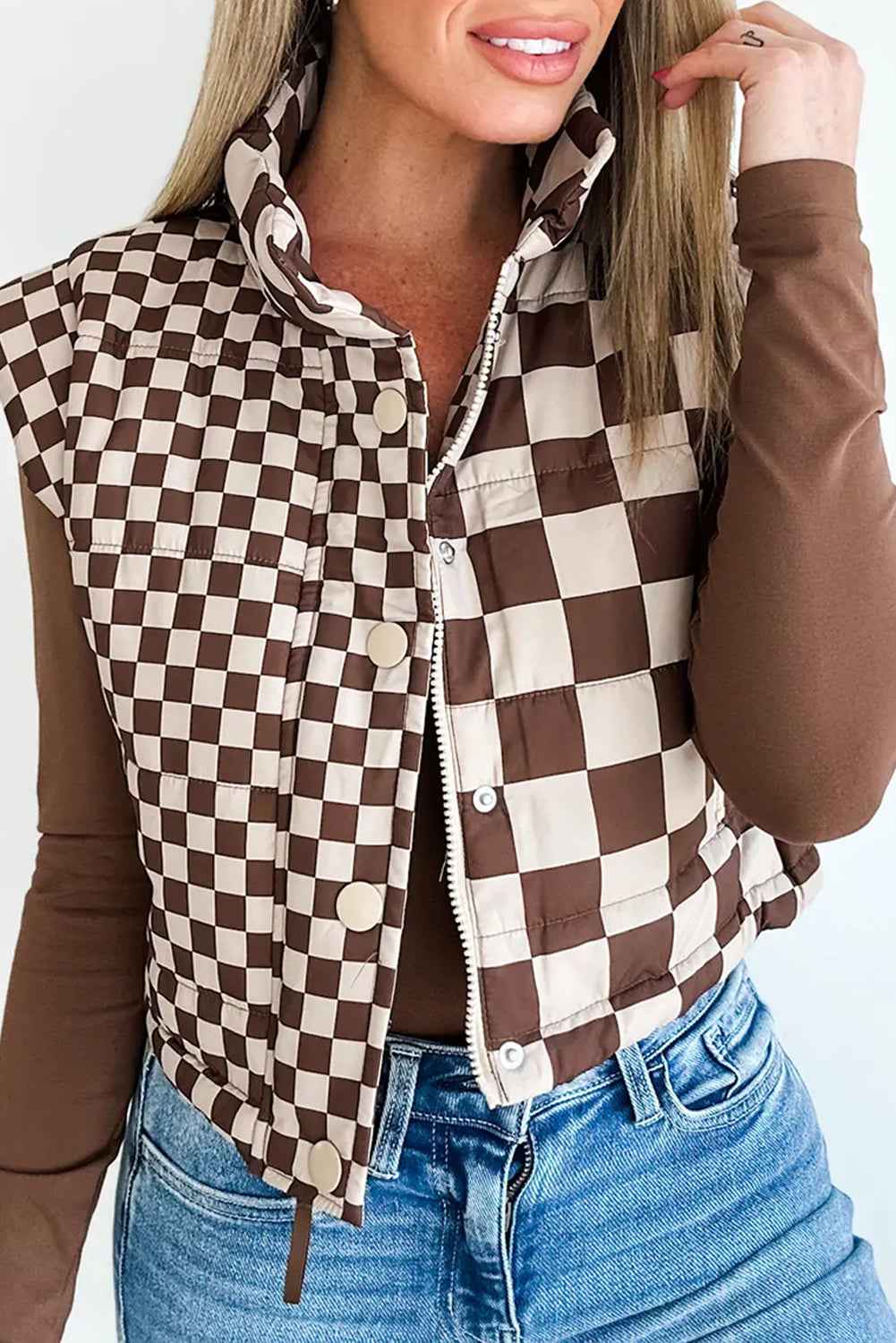 Brown Checkered Stand Collar Cropped Puffer Vest