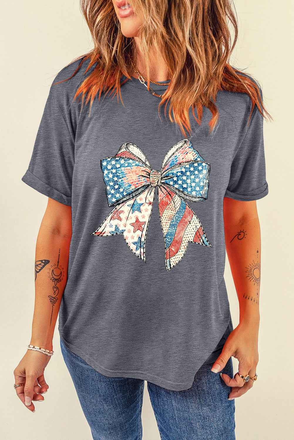 Gray USA Flag Bow Print Round Neck Loose T Shirt