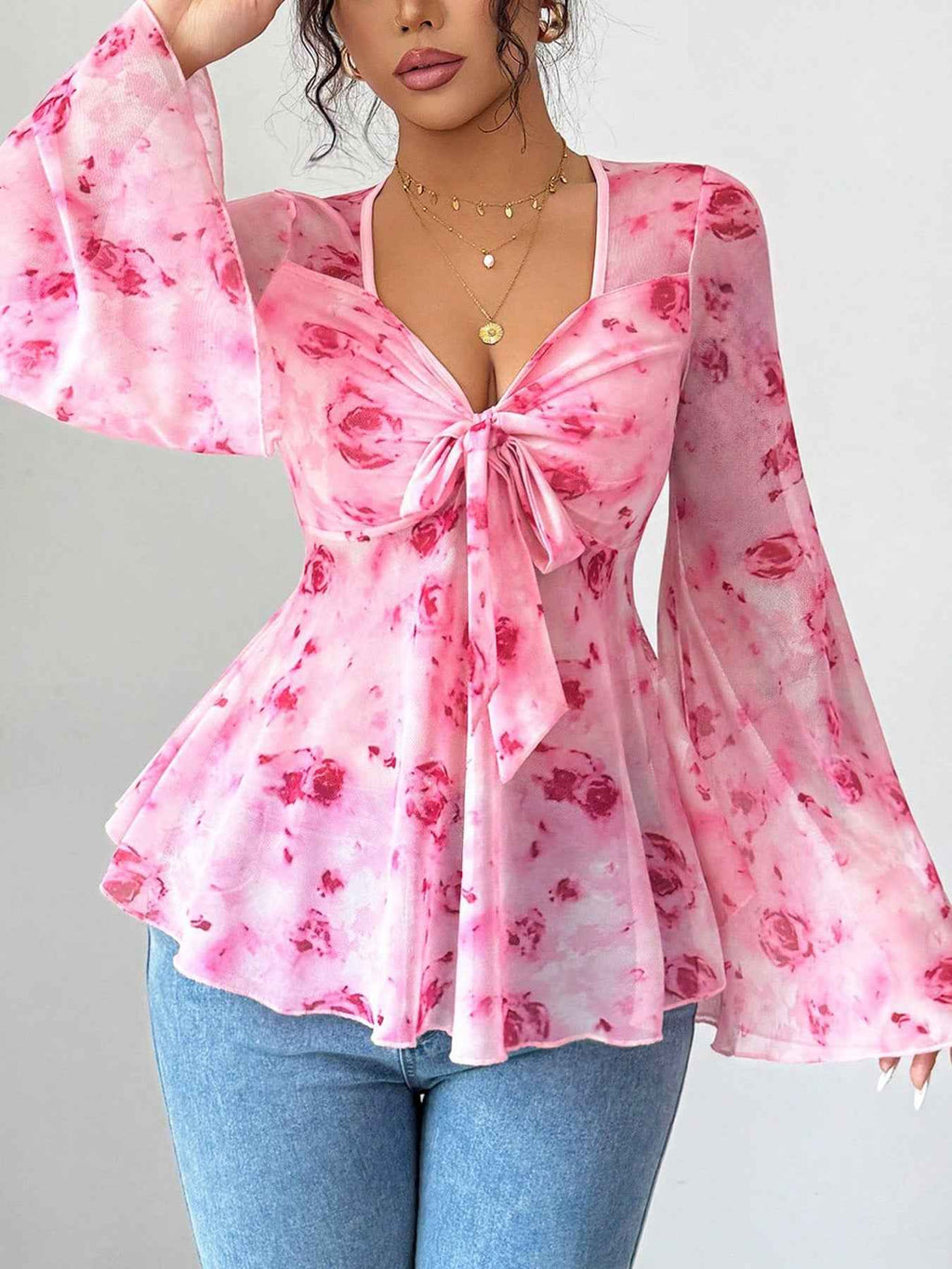 Floral Print Tie Front Chiffon Flare Sleeve Blouse