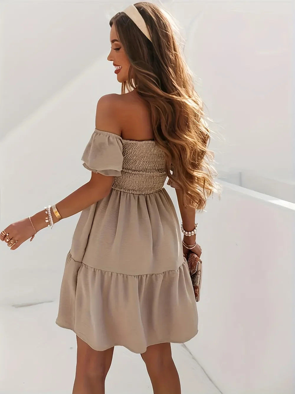 Ruffled Off-Shoulder Short Sleeve Dress by Shopiebay