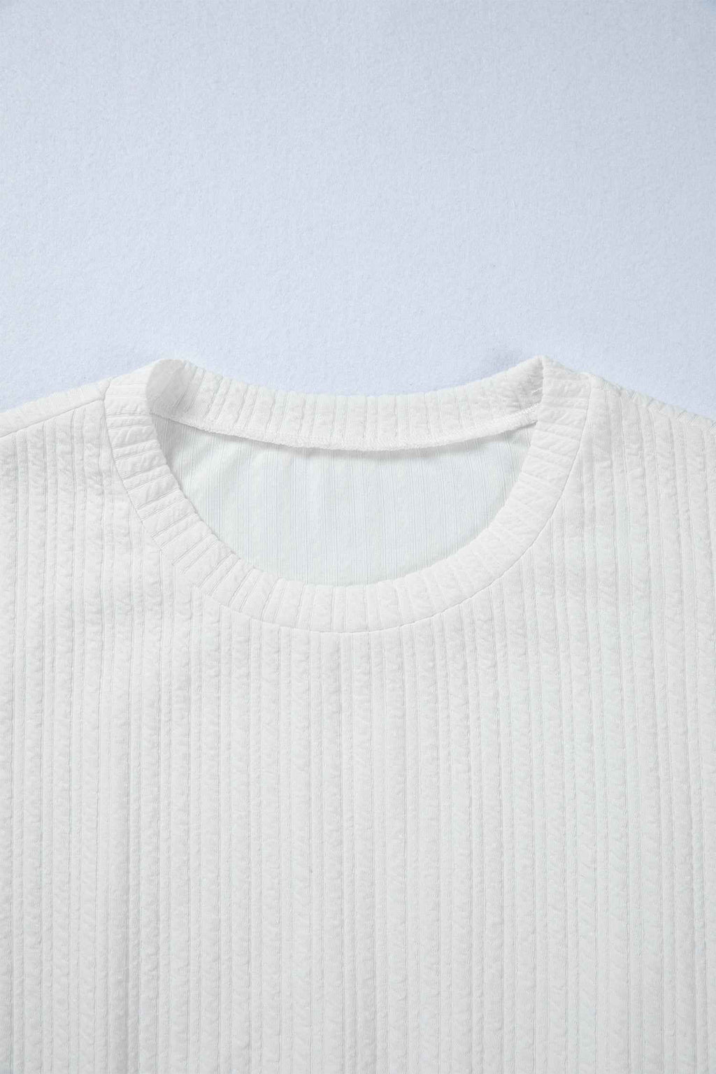 White Solid Color Textured Drop Shoulder Long Sleeve Peplum Top
