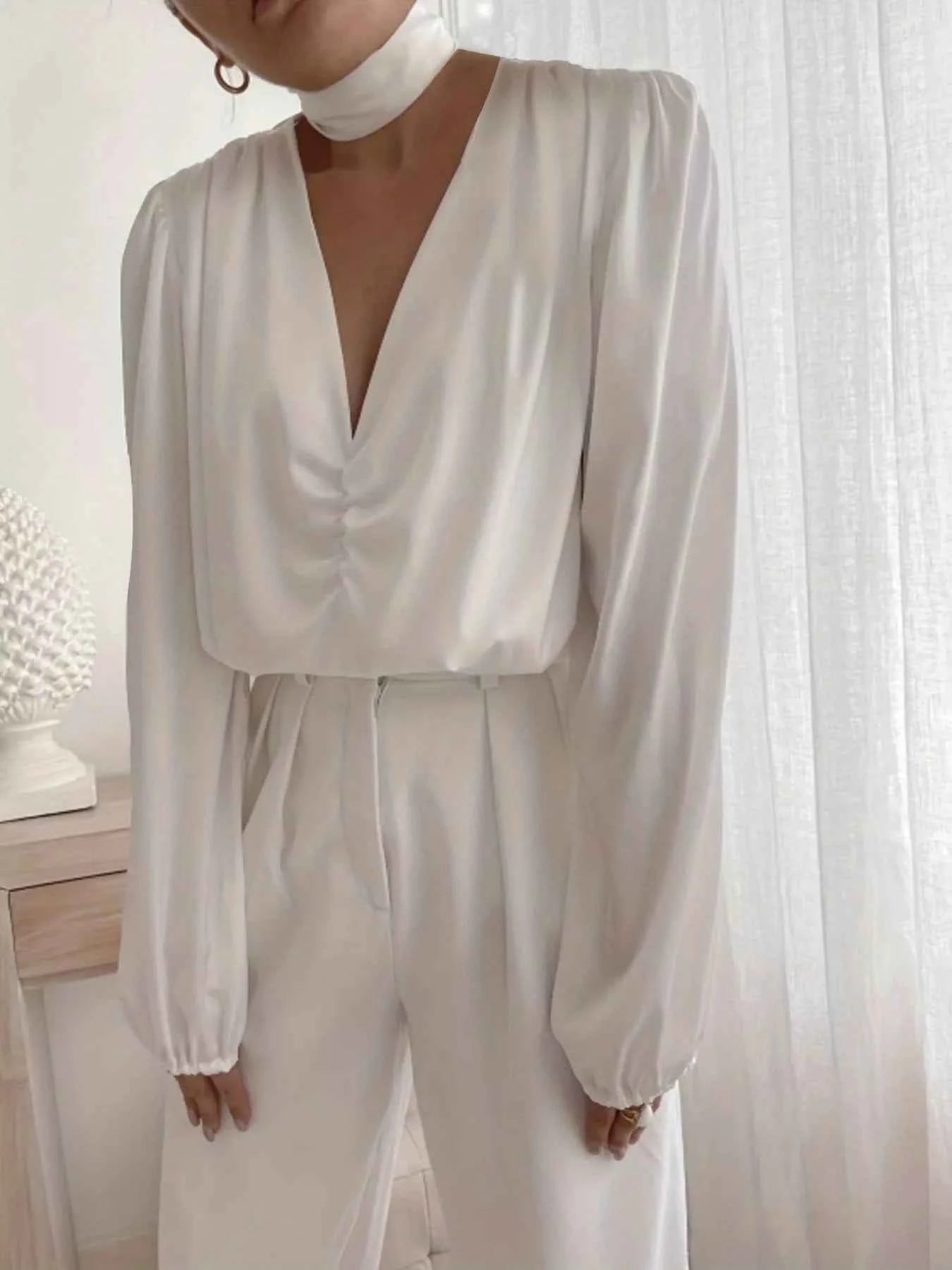 V-Neck Ruched Long Sleeve Blouse