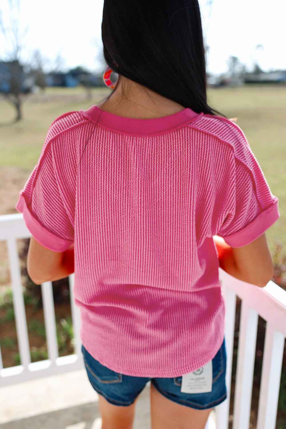 Rose Red Twisted Ribbed Knit Patchwork V Neck Casual Tee