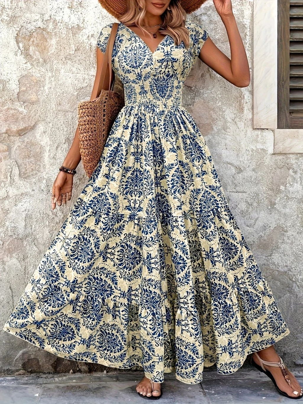 Printed Cap Sleeve Maxi Dress by Shopiebay
