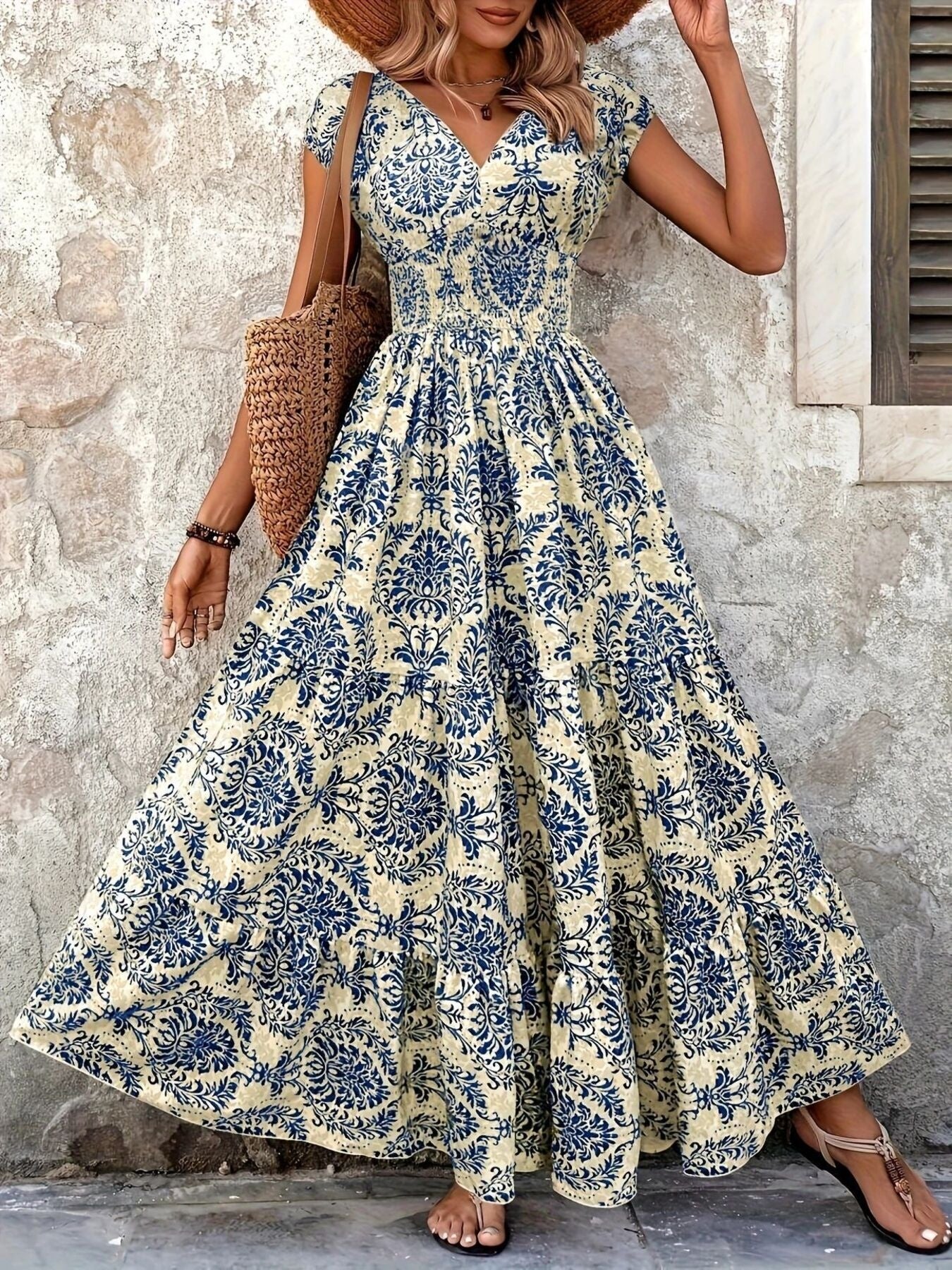 Printed Cap Sleeve Maxi Dress by Shopiebay