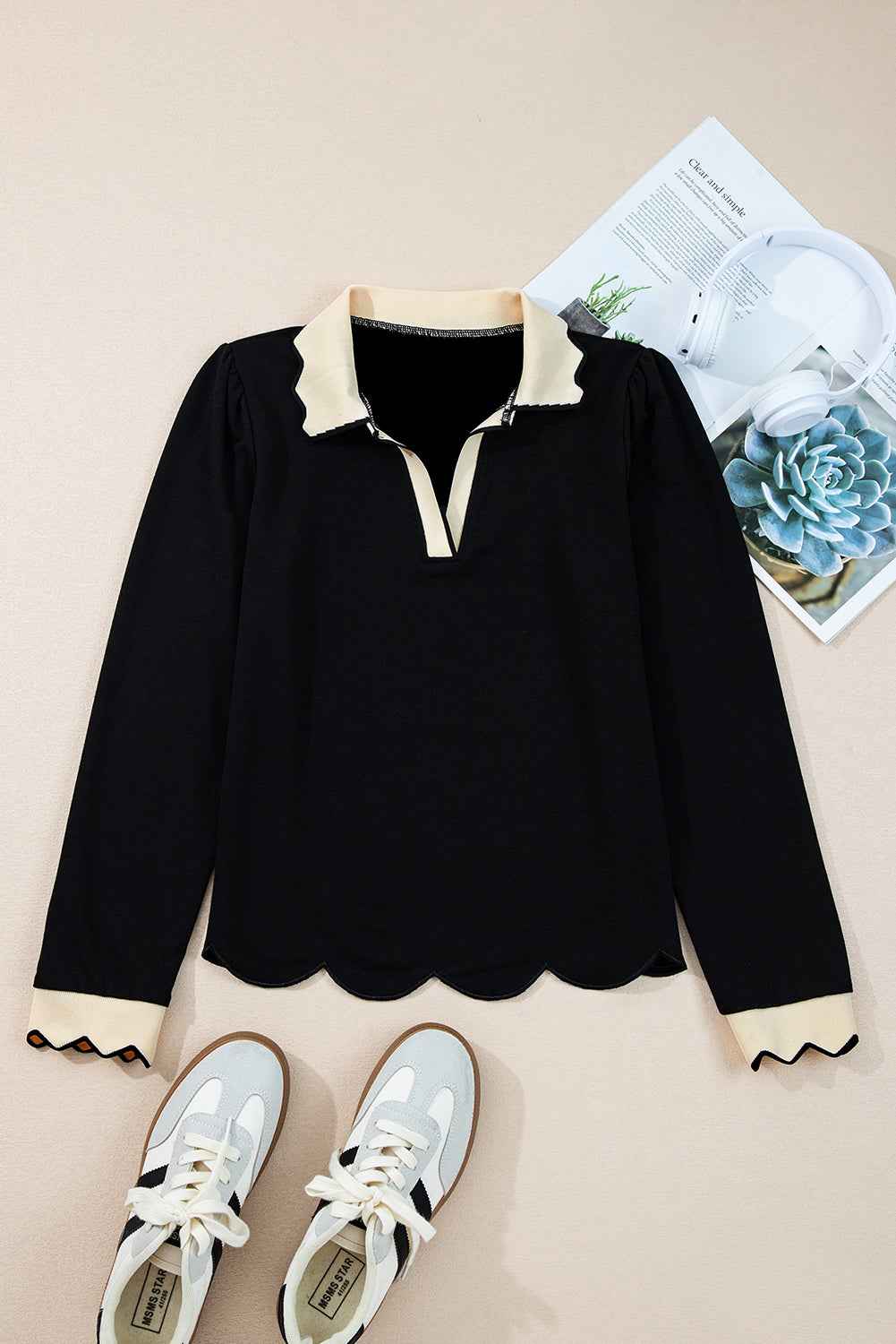 Black Scallop Trim Colorblock Long Sleeve Collared Top