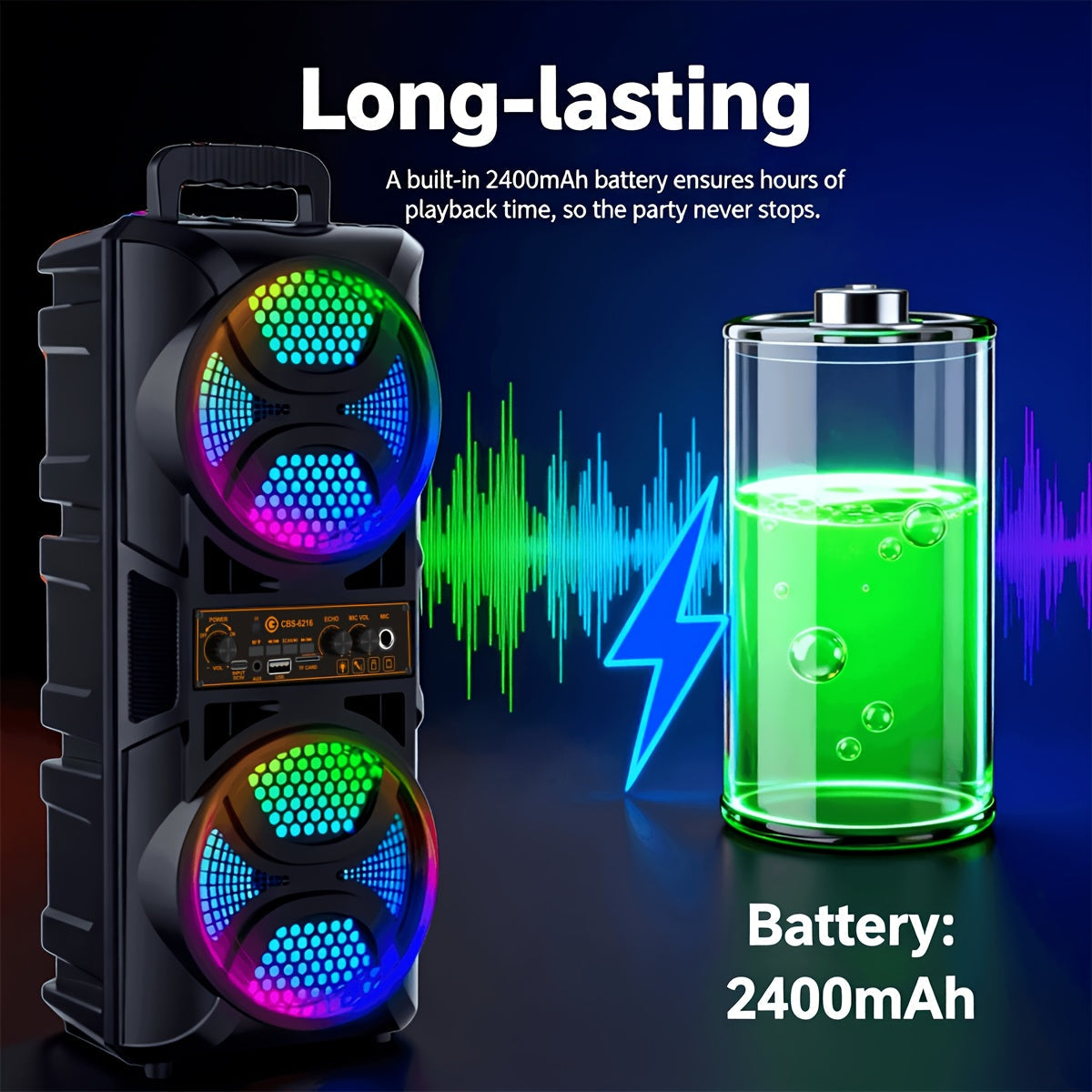 Portable Bluetooth Speaker with Subwoofer Bass, Dual 6.5" LED Woofers and Microphone by DailySale
