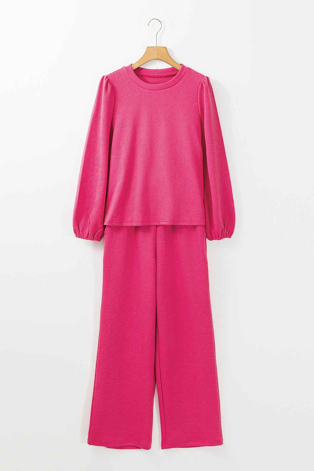 Rose Red Textured Puff Sleeve Top and Pants Set