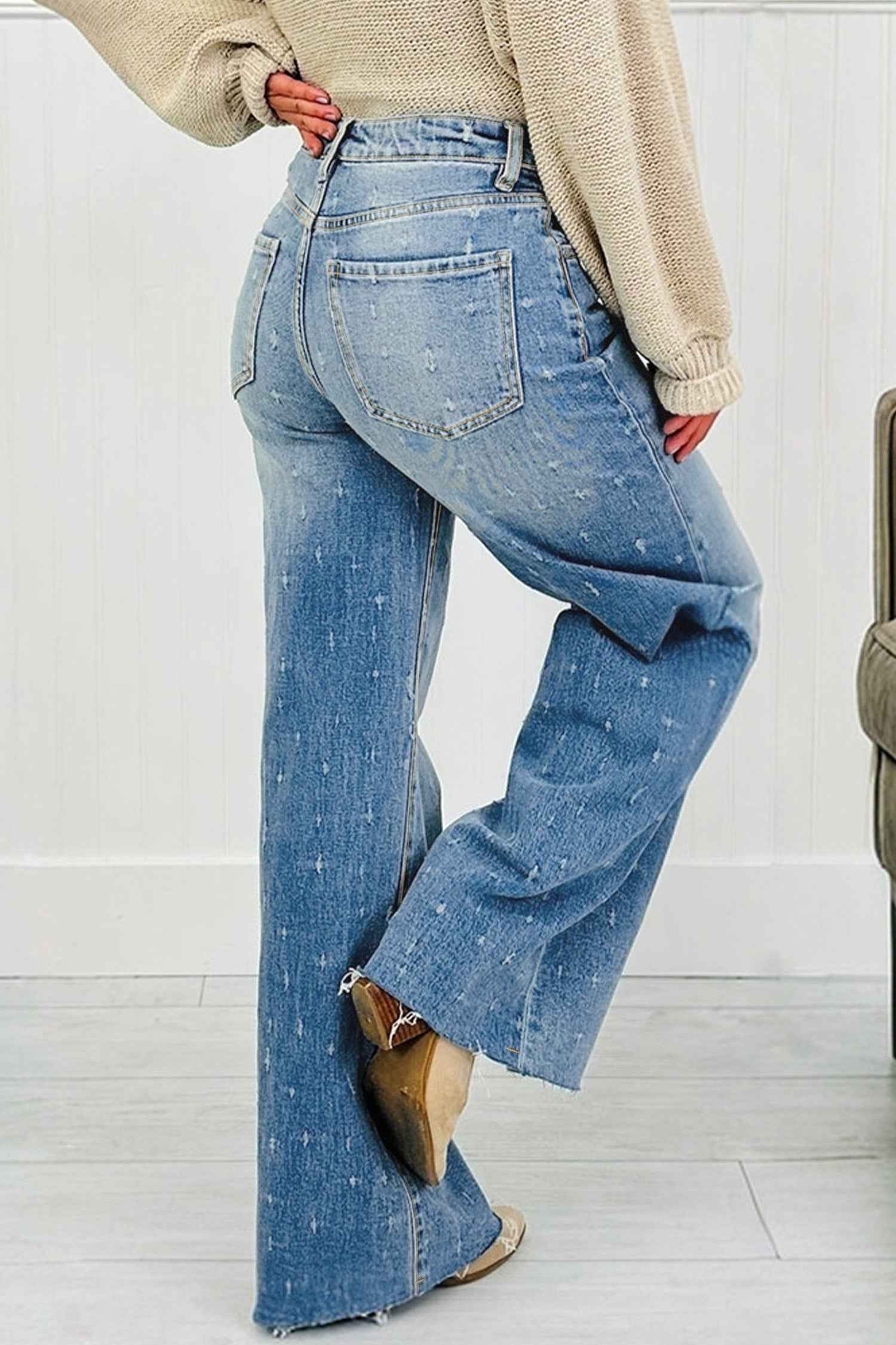 Mist Blue Distressed Detail Tummy Control Raw Hem Jeans