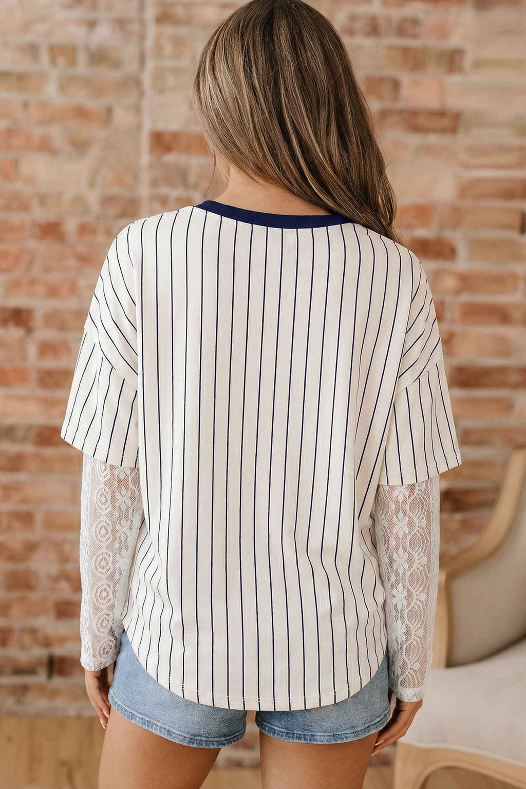 Blue Stripe 88 LOS ANGEL Graphic Lace Patchwork Faux Two Piece V Neck Top