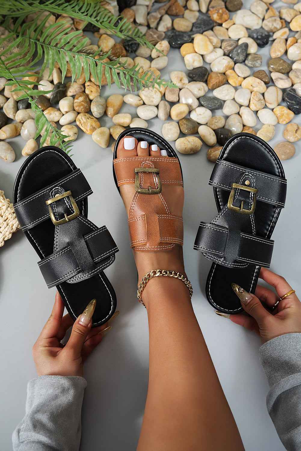 Coffee Vintage Banded Buckle Slippers