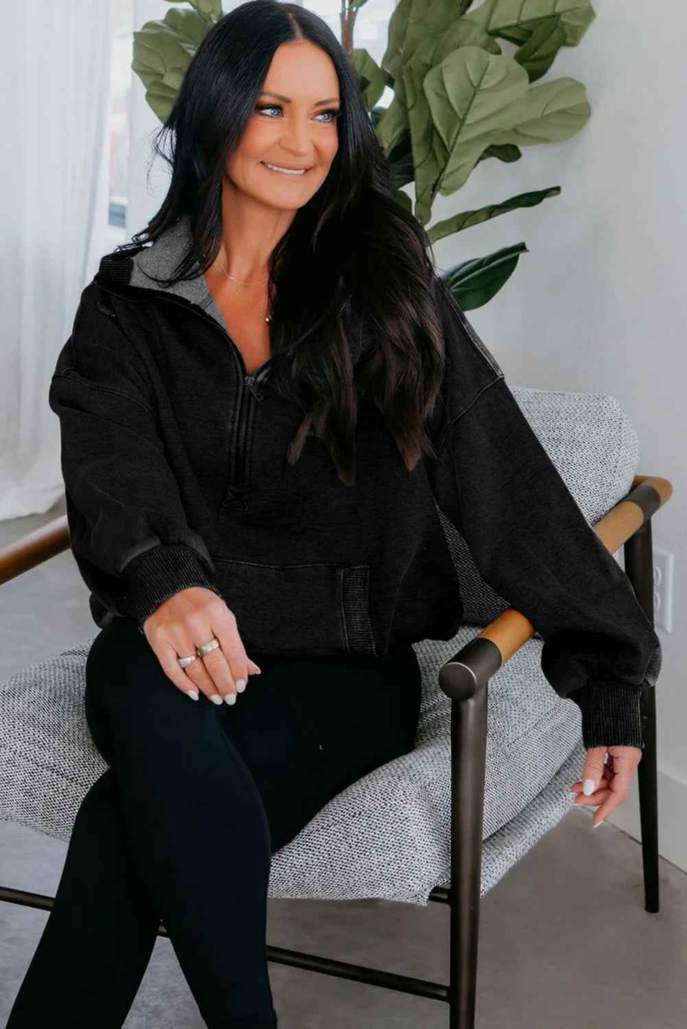 Black Half Zip Kangaroo Pocket Mineral Wash Baggy Hoodie